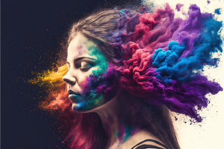 Woman with powerful vivid powder explosion on her head as symbol for inner stress and negative though for intense emotion mental health in modern abstract art design. Superb Generative AI.の素材