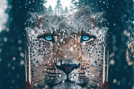 White leopard face in snow winter forest, predator in the wilderness. Creative artwork of wildlife animal. Superb Generative AI.の素材