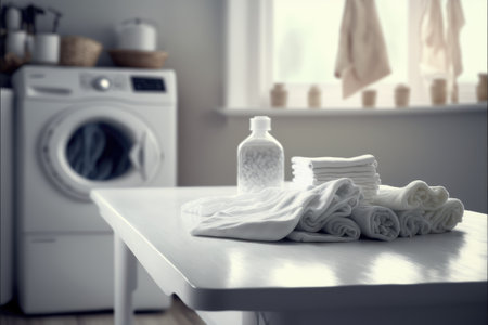 Focus table placing towel in blur laundry and washing machine background. Concept of blank space for advertising product. Finest generative AI.の素材