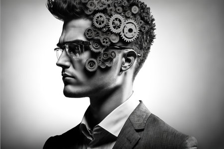 Concept of logical in wondrous double exposure mechanical gear on pensive thoughtful black suit-clad businessman planning strategy, Analytic and efficiency thinking by Generative AI.の素材