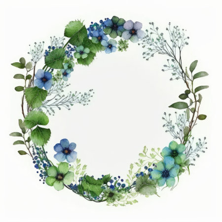 Circle frame of blue flower and green leaves with watercolor painting isolated on white background. Theme of vintage minimal art design in geometric. Finest generative AI.の素材