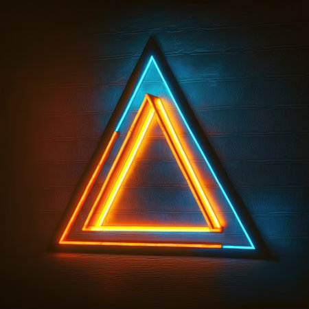 Abstract art in neon spotlight in triangle frame isolated on black background. Concept of glowing geometric shape at night time. Finest generative AI.の素材