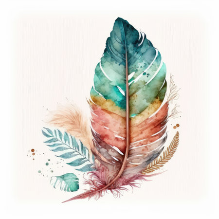 Concept of colorful boho feather tribes isolated on white background in watercolor. Abstract art in part of wings bird design. Finest generative AI.の素材