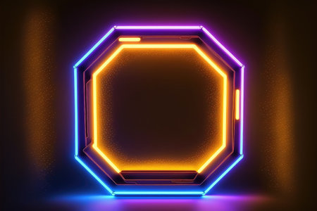 Abstract of neon hexagon shape isolated on space background in reflective colorful spotlight. Theme of lighting frame digital art design innovation. Finest generative AI.の素材