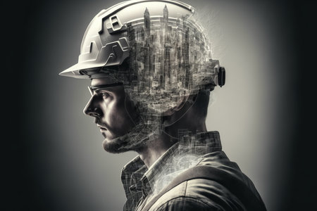Civil engineer portrait as concept for building construct by professional with hardhat helmet engineer with wondrous double exposure of cityscape, urban with background of skyscraper by generative AIの素材