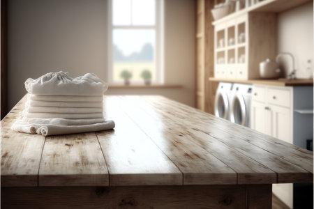 Focus empty wood table in blur laundry and washing machine background. Concept of blank space for advertising product. Finest generative AI.の素材