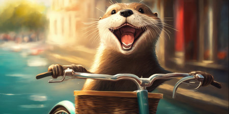 otter have fun bicycle ride on sunshine day in summer on town streetの素材