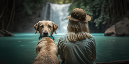 Active woman hiking to waterfall with labrador retriever dog. distinct generative AI image.の素材
