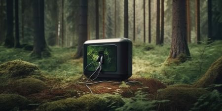 Electric car EV charger station in middle of green forest. distinct generative AI image.の素材
