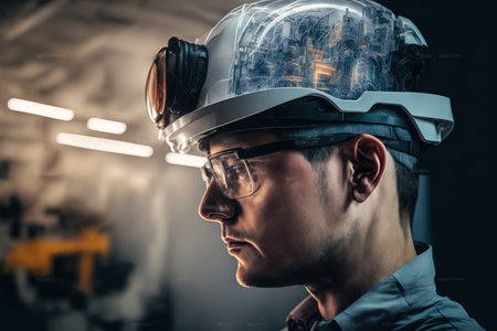 Technological engineer portrait ensuring high-quality and precise production quota on factory assembly line in wondrous double exposure. Manufacturing engineering technology concept by Generative AI.の素材
