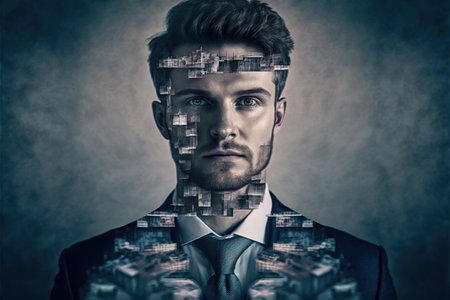 Fast-paced business environment concept warehouse with modern logistic supply chain handling for efficient storage handling with portrait of businessman in wondrous double exposure by Generative AI.の素材