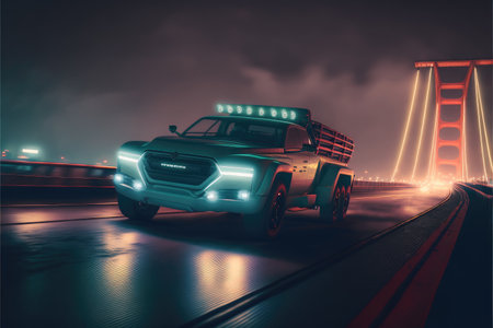 Cyber neon driving green power truck with hybrid technology automotive. Concept of light glowing pick up on dark city view in night life. Finest generative AI.の素材