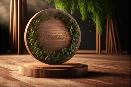 Circle wood display cosmetics product advertising with overlay by natural tree. Theme of organic greenery forest background. Finest generative AI.の素材