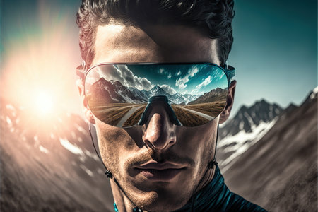 Young male cyclist portrait wearing sunglasses with wondrous reflection of the natural environment of mountain landscape and beautiful sky, Fitness and extreme sport in the peak concept Generative AI.の素材