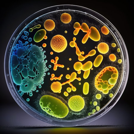 Close up of bacteria and virus cells in science laboratory sample dish for serumの素材