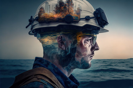 Wondrous visually engineer wearing safety helmet portrait and offshore oil rig platform double exposure as concept of modern petroleum and gas exploration and extraction in the sea by Generative AI.の素材