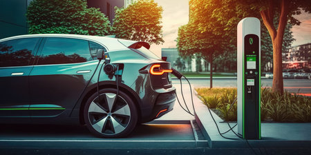 Electric car EV charging battery at charger station. distinct generative AI image.の素材