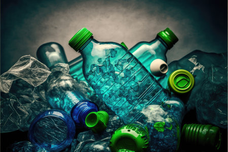 Concept of plastic recycle with blue bottle background. Inspiration of separated used plastic scrap of recyclable reducing global warming pollution. Finest generative AI.の素材