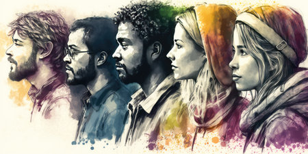 Face portrait of diverse people together looking straight. Multiracial concept. distinct generative AI image.の素材