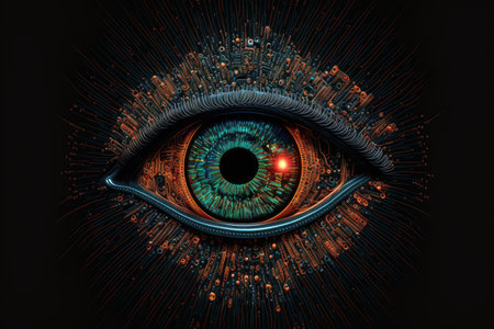 Abstract technology computer art in eyesight from circuit board ship neon light. Concept of scanning by eyeball analysis database. Finest generative AI.の素材