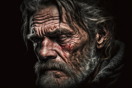 Close up view of old warrior man face with serious and sad emotion. distinct generative AI image.の素材