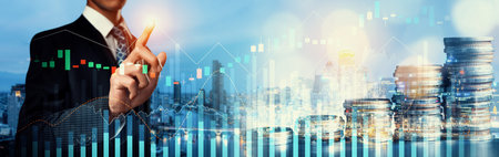 Businessman analyst working with digital finance business data graph showing technology of...