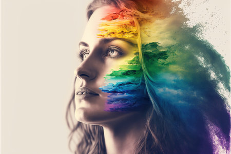 Double exposure woman portrait with vivid rainbow color smoke for positive mindset and creative state of mind and psychology concept. Meditative and mental ability abstract art. Superb Generative AIの素材