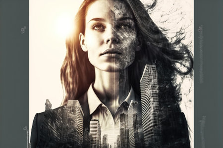 Ambitious businesswoman portrait in black suit-clad with background residential city highrise buildings in double exposure, Successful businesspeople with strategic plans. Superb Generative AI.の素材