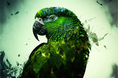Contemporary abstract artwork double exposure of green parrot and forest landscape design, concept of animal and natural wilderness adventure. Superb Generative AI.の素材