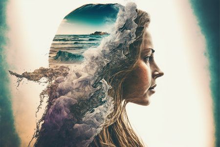 Double exposure image woman portrait with peaceful ocean sea wave, natural background for state of calm mind and psychological concept. Meditative and healthy mental abstract art. Superb Generative AIの素材