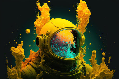 Contemporary abstract artwork of astronaut in space suit floating in the vastness of deep space and yellow fluid or smoke. Cosmic exploration or travel in state of mind concept. Superb Generative AI.の素材