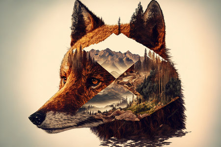 Contemporary abstract artwork double exposure of red fox and forest landscape design, concept of animal and natural wilderness adventure. Superb Generative AI.の素材