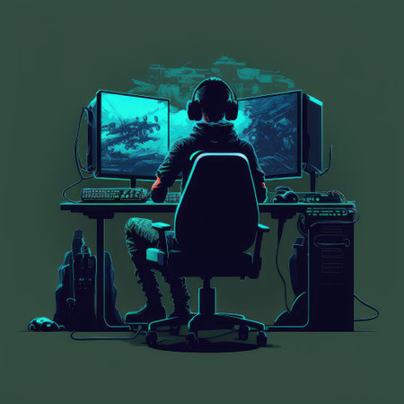 A sitting mans esports gamer staring on multi monitor screen. Playing room with modern design. Finest generative AI.の素材