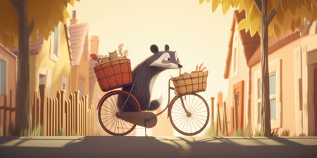 badger have fun bicycle ride on sunshine day in summer on town streetの素材