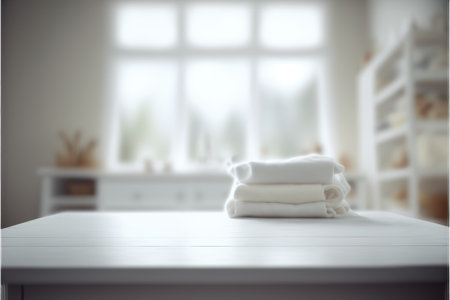 Focus table placing towel in blur laundry and washing machine background. Concept of blank space for advertising product. Finest generative AI.の素材
