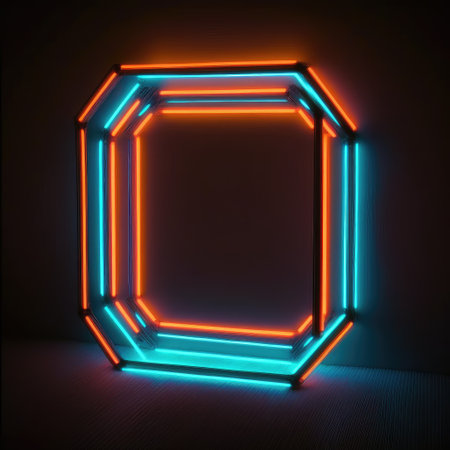 Abstract art in neon spotlight in hexagon frame isolated on black background. Concept of glowing geometric shape at night time. Finest generative AI.の素材
