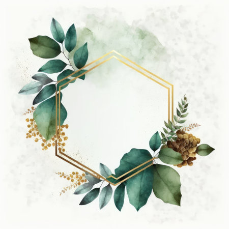Hexagon frame of green and golden leaves with watercolor painting isolated on white background. Theme of vintage minimal art design in geometric. Finest generative AI.の素材