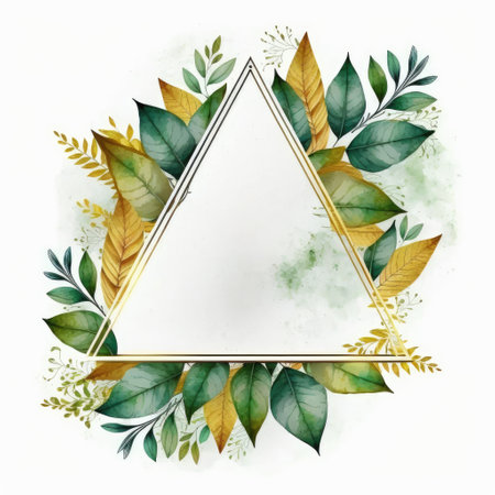 Triangle frame of green and golden leaves with watercolor painting isolated on white background. Theme of vintage minimal art design in geometric. Finest generative AI.の素材