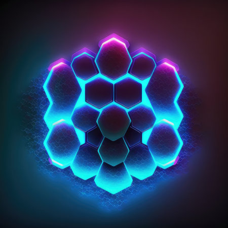 Overlapped Lightning neon magical hexagon effecting on black background. Reflection of glowing digital abstract portal effect on cyberpunk concept. Finest generative AI.の素材