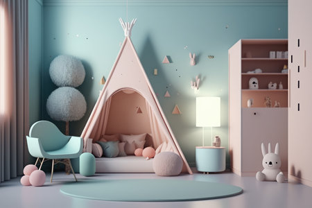 interior of playroom for children at home painted in pastel colors. distinct generative AI image.の素材