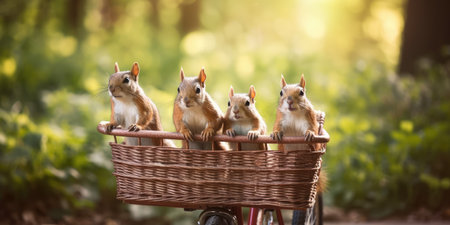hamsters have fun bicycle ride on sunshine day in summer on town streetの素材
