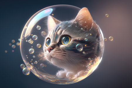 A cute japanese anime style kitten cat in soap bubble. distinct generative AI image.の素材