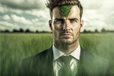 Double exposure portrait of ambitious businessman with wondrous greenery and natural green forest landscape in background as concept of sustainability and natural ecology conservation by Generative AIの素材
