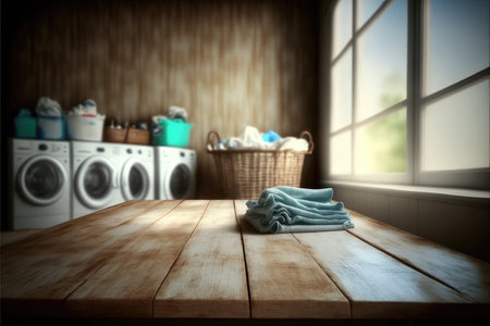 Focus empty wood table in blur laundry and washing machine background. Concept of blank space for advertising product. Finest generative AI.の素材