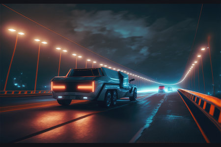 Cyber neon driving green power truck with hybrid technology automotive. Concept of light glowing pick up on dark city view in night life. Finest generative AI.の素材