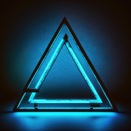 Innovation of triangle border frame with blue neon light effects overlapped geometry in concept. Finest generative AI.の素材
