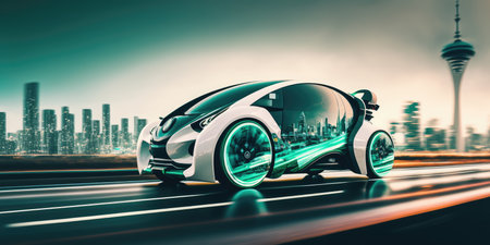 Futuristic electric car driving on urban highway road. distinct generative AI image.の素材