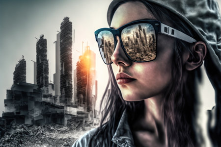 Wondrous portrait of a female engineer in sunglasses with cityscape and construction site reflection, set against a warm sunset background. Modern city living and infrastructure by Generative AIの素材