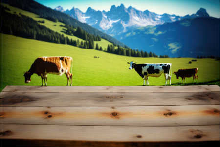 Focus empty wood table with blurred natural tree and cow with meadow background. Concept of blank space for advertising product. Finest generative AI.の素材