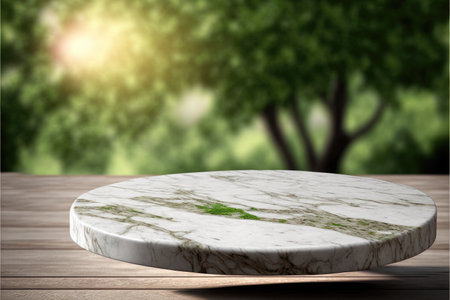 Empty marble table in natural green garden outdoor. Product placement with sunday light. Finest generative AI.の素材